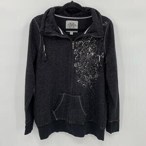 Maurices Hoodie Women 0 Full Zip Mock Neck Black Glitter Rhinestones Pockets Y2K